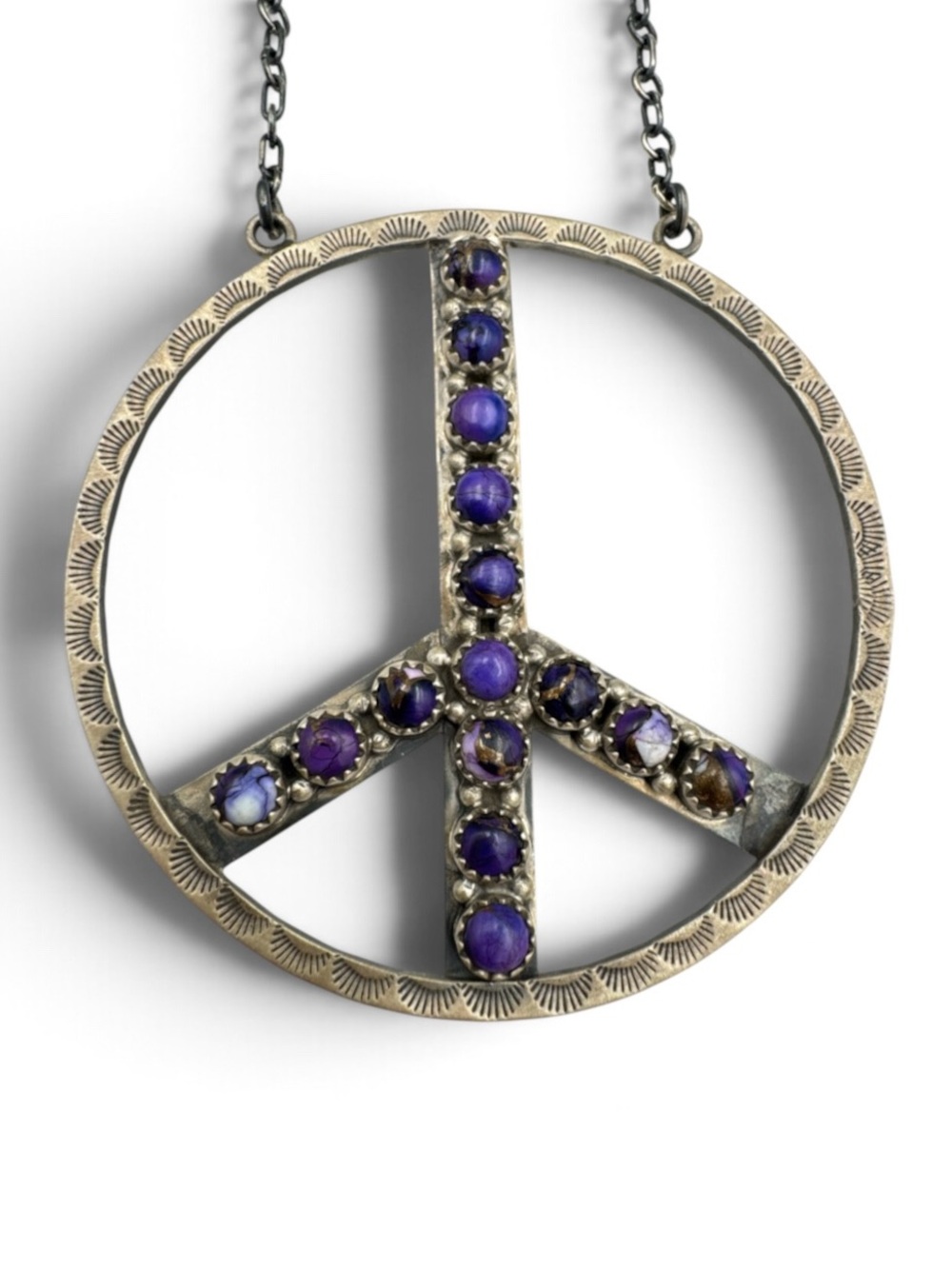 Vintage Y2K Sterling Silver Navajo Purple Dahlia Peace Sign Necklace 19”